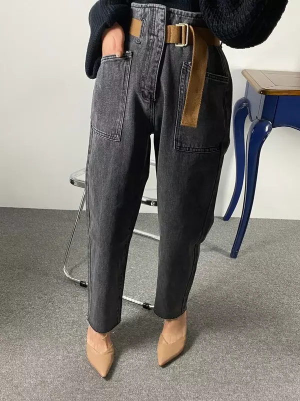 Модные Винтажные джинсы для мам, свободные потертые джинсовые брюки 2024, женские корейские джинсы с высокой талией и длиной до щиколотки, мешковатые джинсы-шаровары с поясом