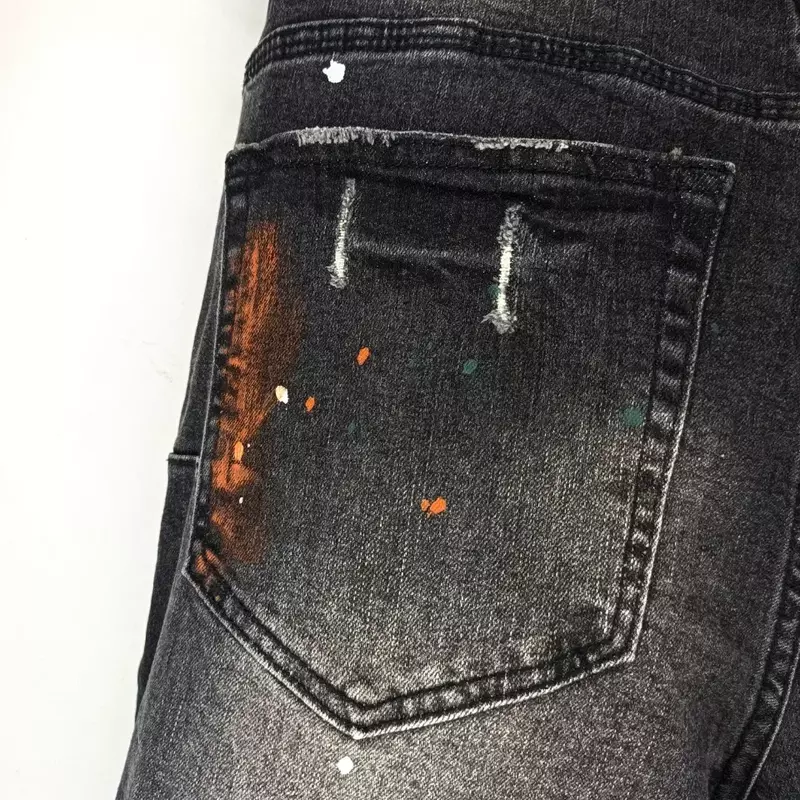 ROCA-Hip-Hop Jeans lavado com etiqueta, reparo preto matizado, baixo crescimento Skinny Denim, marca roxa, qualidade superior