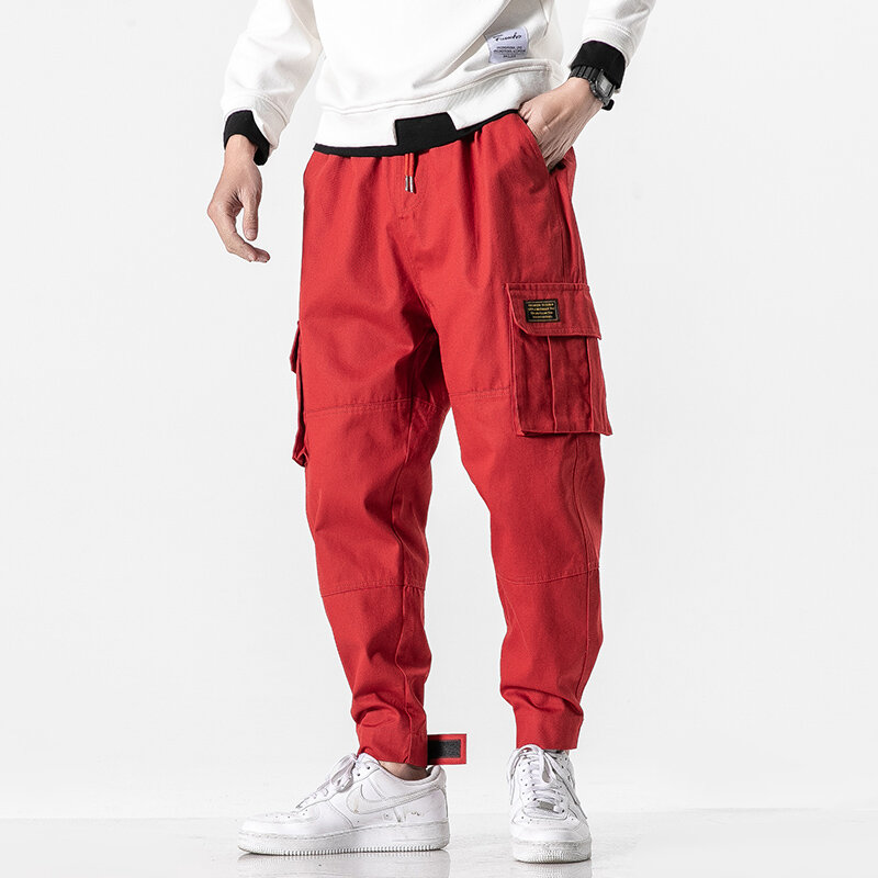Pantalones Cargo de algodón para hombre, ropa de calle masculina con cintas, informales, ajustados, con bolsillos laterales