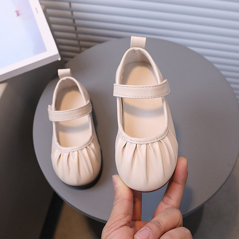 Girls' Fashion Pleated Leather Shoes Children's New Chic Solid Color Flats Soft Sweet Princess Dance Shoes for Party Wedding