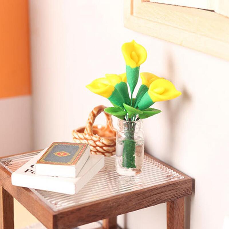 창의적인 비 페이딩 클리어 라인 칼라 릴리 미니어처 꽃 모델, 풀 블룸 화분 꽃 모델, 인형 집 공급