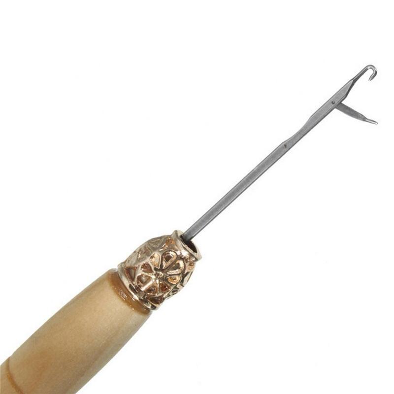 14 см вязальная крючком игла для наращивания волос с деревянной ручкой Инструмент для вытягивания вязания стальной крючок игла микрокольца инструмент для красоты волос