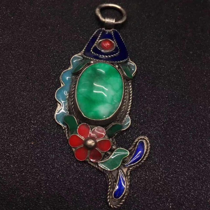 Antieke Antieke Prachtige Cloisonne Visvormige Ingelegde Smaragd Jade Hanger Puur Zilveren Edelsteen Hanger Boeddha Kralen Ornamenten