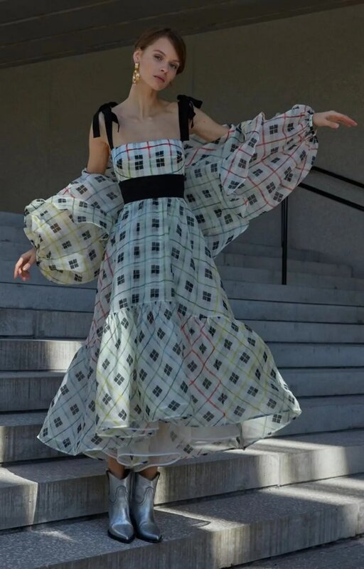Women Geometric Paid Print Back Long Lace-up Strap Long Dress