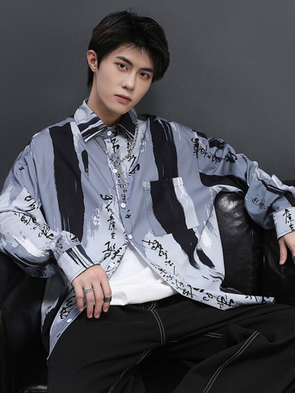 Рубашка мужская с длинным рукавом, модная Осенняя блуза в китайском стиле, с отложным воротником и карманами, элегантная повседневная универсальная одежда