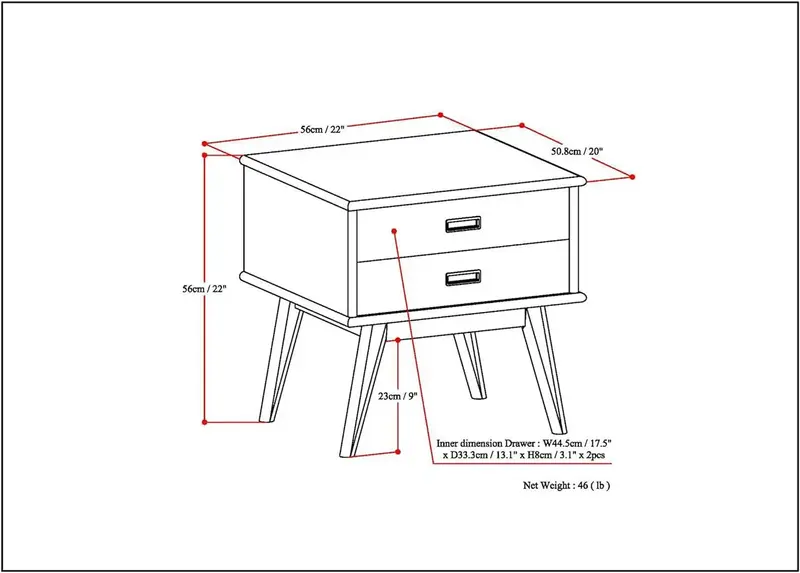 Solid Hardwood Rectangle End Side Table in Medium Auburn Brown with Storage, 2 Drawers, for the Living Room and Bedroom