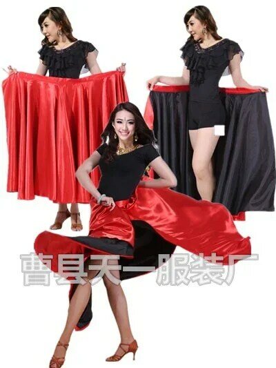 Vestido de seda satinada para mujer, Ropa de baile de rendimiento, falda de Flamenco español con lazo de gancho, rojo y negro, talla grande