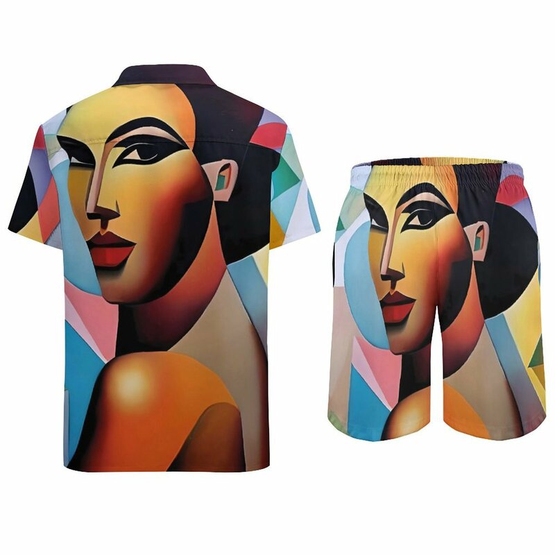 Lady Face Art Board Print Vacation Men Sets Cubist Style Casual Shirt Set Summer Graphic Shorts 2 Piece Trending Suit 2XL 3XL