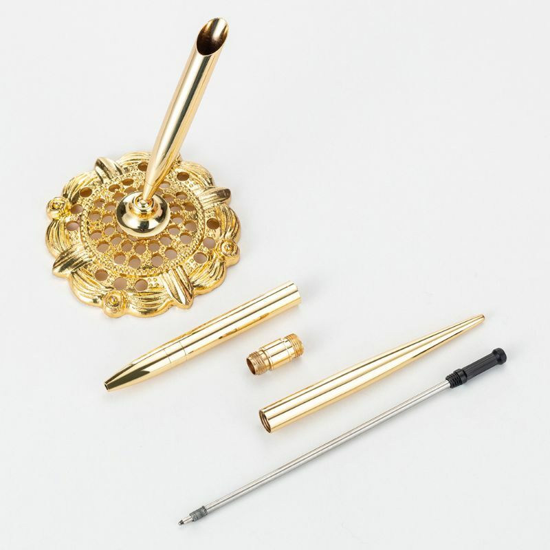 Retro Metal Ballpoint Pen Attached Base Stand Desk Office Counter Wedding Guest Sign Pens
