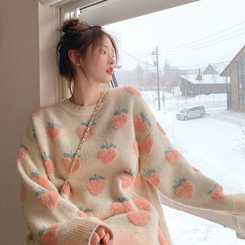 2023 kobiet różowy słodki truskawkowy sweter z dzianiny jesień zima z długim rękawem luźny pulower koreański styl Kawaii sweter z dzianiny