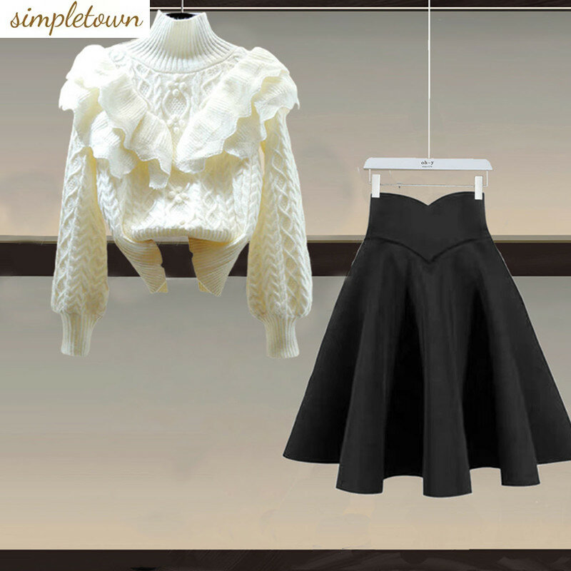 Oversized Women's Autumn and Winter Set 2023 New Fashion Slim Ruffle Edge Knitwear Temperament Skirt Two Piece Set