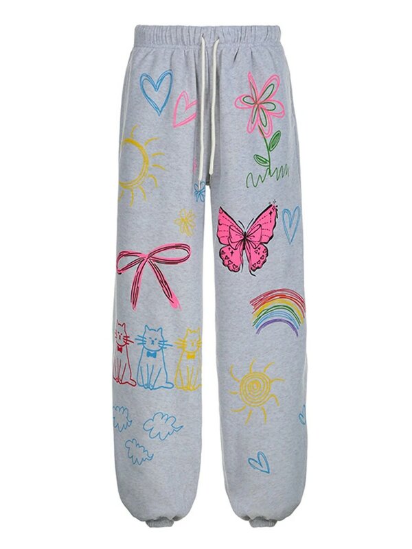 Celana olahraga Cinch bawah wanita celana santai longgar pinggang tinggi elastis kolor celana olahraga lucu grafiti cetak Jogger