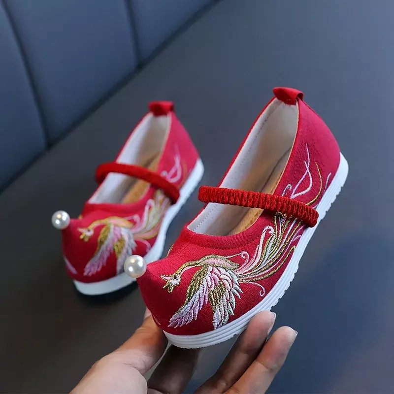 Китайские танцевальные туфли Hanfu для маленьких девочек, винтажные туфли в стиле ретро с вышивкой птиц и жемчужинами, детская обувь из хлопка, Детская сценическая обувь