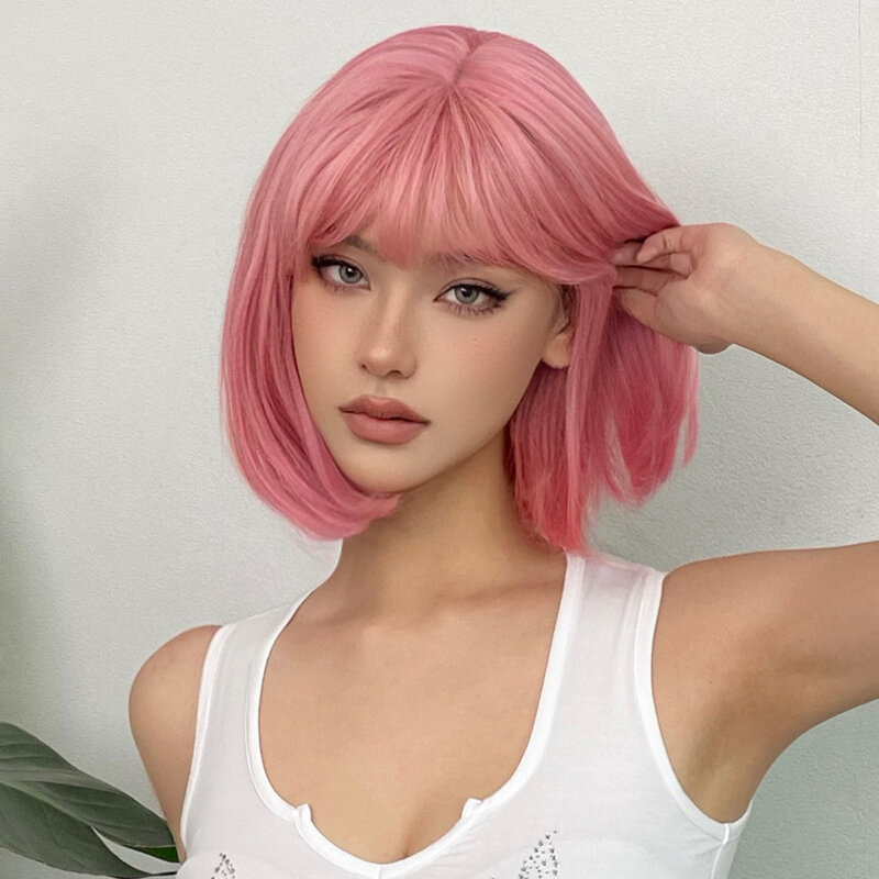 Wig hair cover, sweet style, wig, pink bangs, short straight hair, trendy fashion, high temperature silk