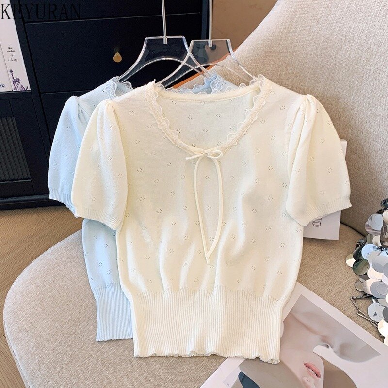 2024 Sommer aushöhlen Kurzarm pullover Frauen stricken T-Shirt koreanischen Stil süße dünne Pullover Strickwaren Tops Pullover Pull Femme
