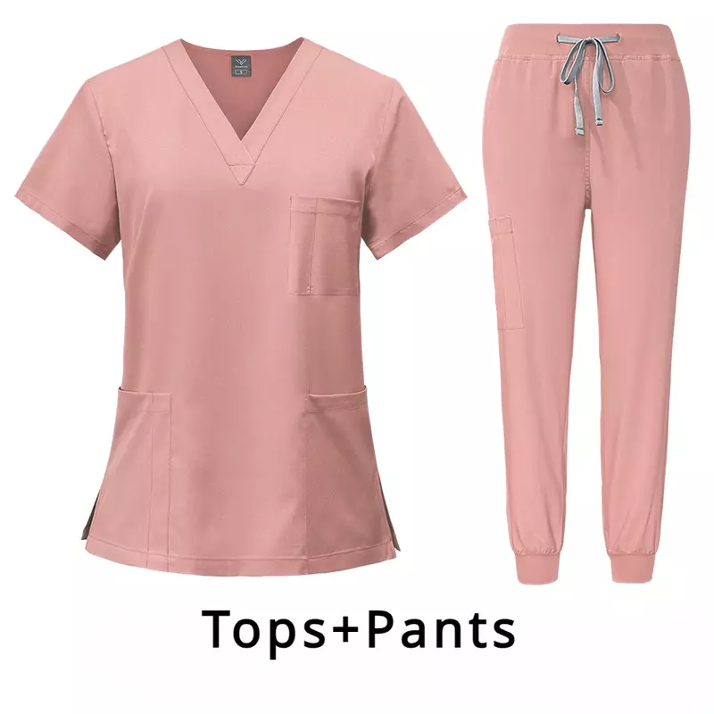 Seragam Spa lengan pendek wanita, seragam perawat rumah sakit kain melar banyak warna pakaian kerja klinik hewan peliharaan aksesoris perawat