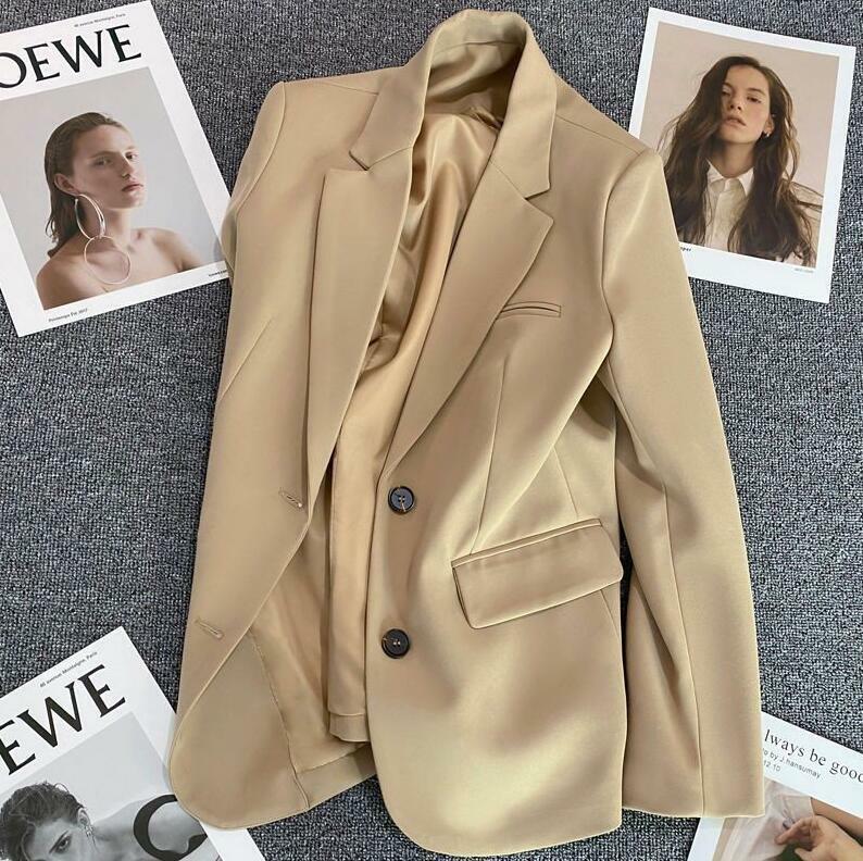 Jaket mantel longgar berlekuk sederhana untuk wanita, blazer jas kecil ukuran ganda musim semi baru berkancing dua baris