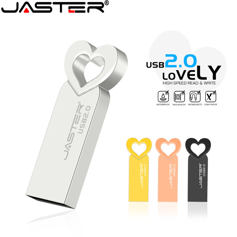 JASTER gratis kustom Logo hati atas pena Drive 128GB logam cantik USB Flash Drive 64GB kreatif hadiah pernikahan memori stik 32GB 16GB