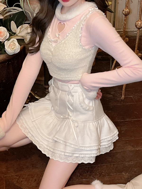 Mini jupe Lolita japonaise pour femme, dentelle, bandage taille haute, jupe coréenne, élégante, douce, décontractée, hiver, nouveau, 2024
