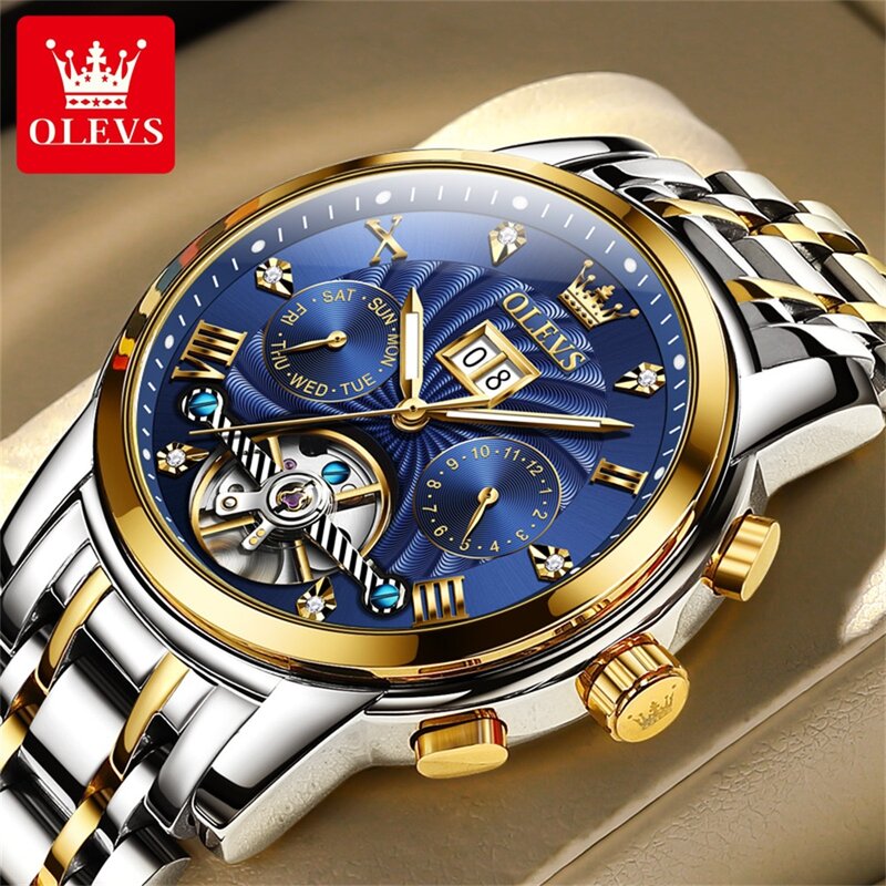 OLEVS jam tangan mekanis pria, arloji merek asli mewah otomatis penuh tahan air, jam tangan Skeleton bercahaya Hollow Out untuk pria