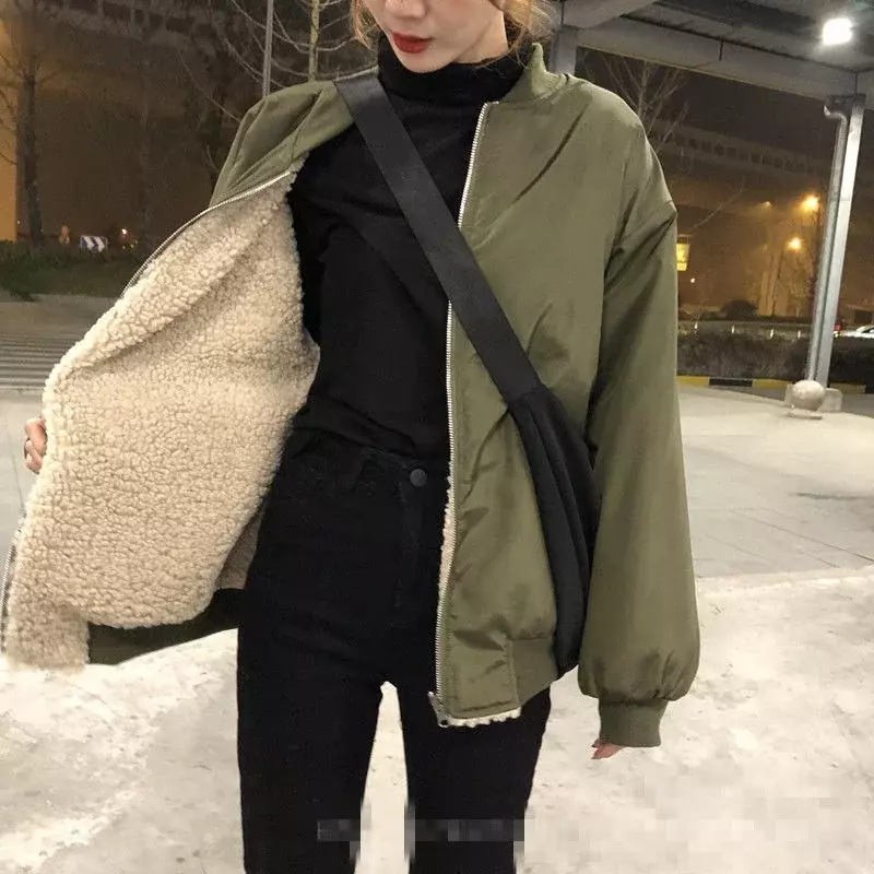 Dois lados wear legal bonito cordeiro jaqueta de lã feminino inverno coreano solto e fino zíper até beisebol casaco de pele do falso feminino