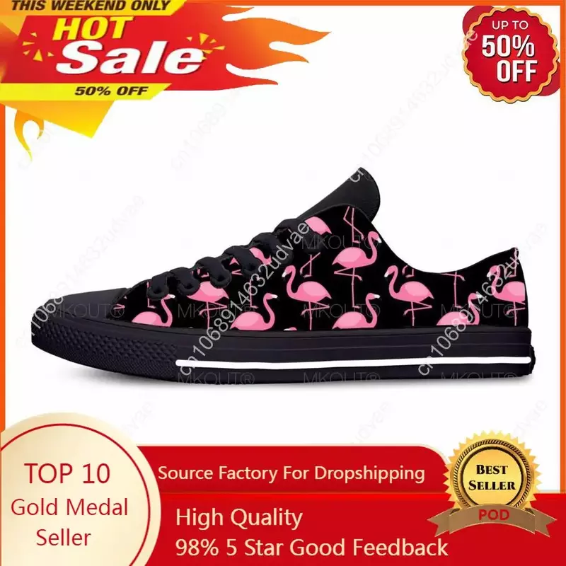 Desenhos animados casuais sapatos de pano para homens e mulheres, tênis respiráveis, impressão 3D, flamingo rosa, padrão animal pássaro, top baixo, confortável