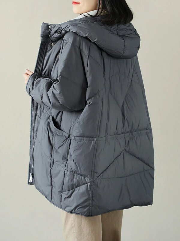 Abrigo de plumón de pato blanco cálido para mujer, Parka informal holgada con capucha y cremallera, chaqueta de plumón de copo de nieve, 2023
