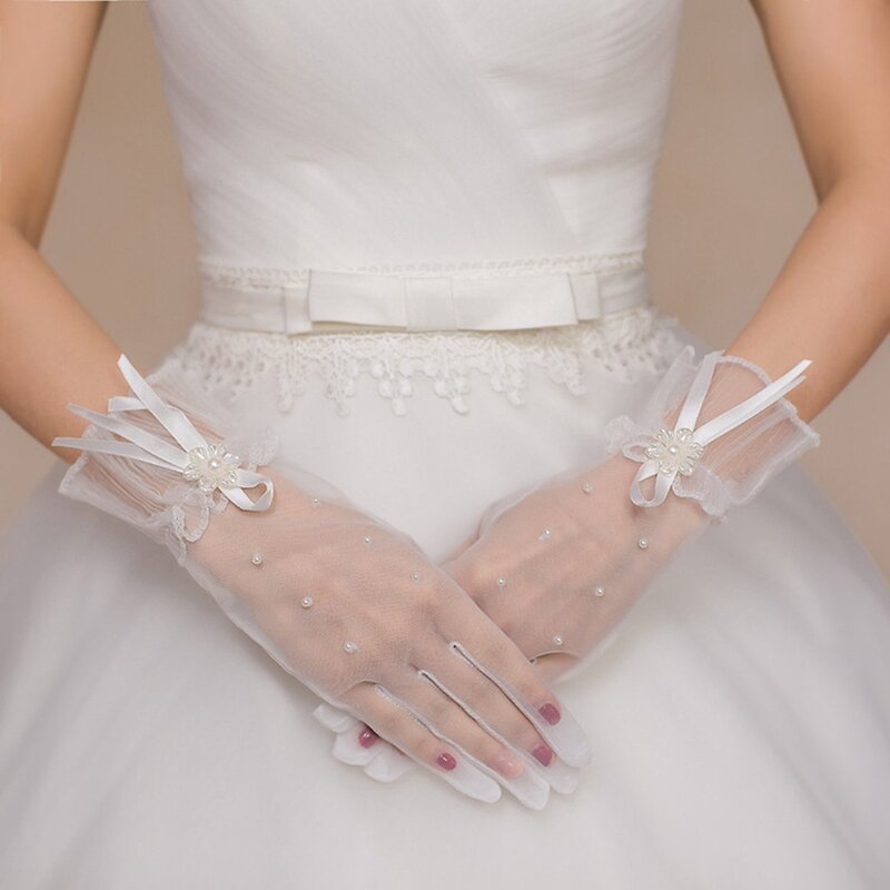 Pérolas frisadas noiva luvas para mulheres, dedo, barato, acessórios do casamento, em estoque