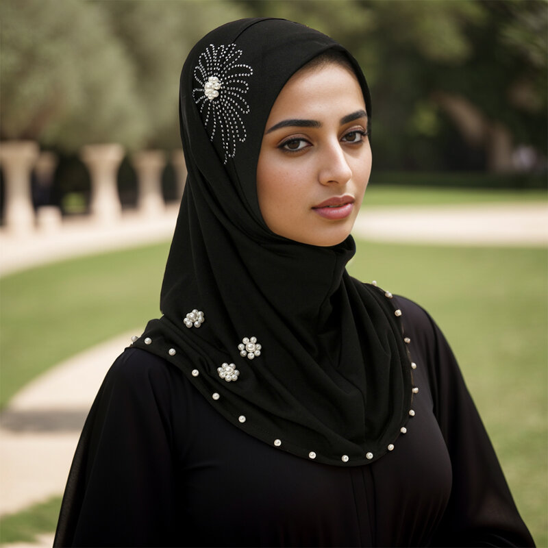 ผ้าพันคอด้านในสีดำพร้อมหมวกลูกปัดแบบสวมศีรษะแฟชั่นสำหรับผู้หญิงมุสลิมยืดหยุ่นฮิญาบแบบสวมหัว