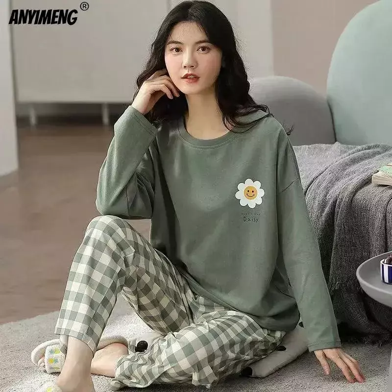 M-5XL Big Size Autumn Spring Pajamas Set for Women Kawaii Printing Sleepwear for Girl Fashion Long Sleeve O-neck Woman's Pijamas