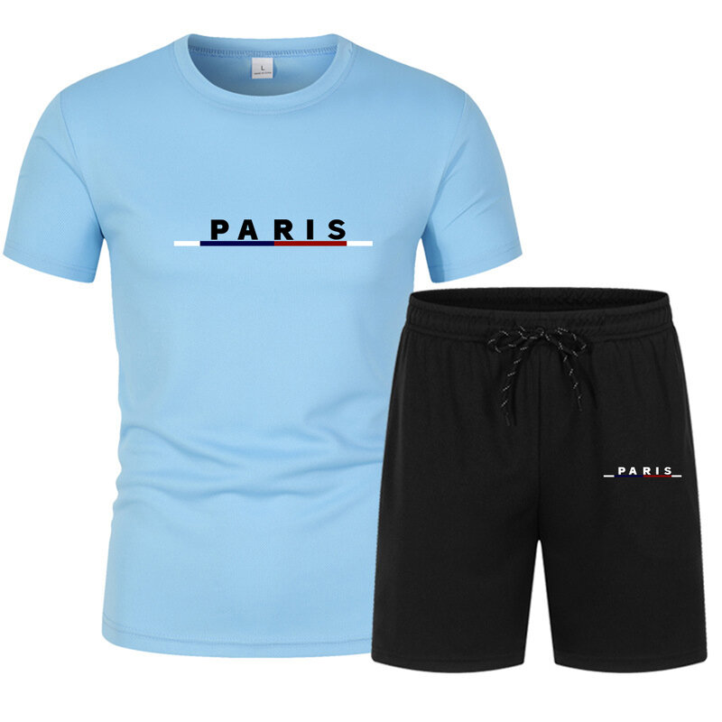 Setelan pakaian olahraga pria, baju + celana Musim Panas 2024, kasual bersirkulasi lengan pendek