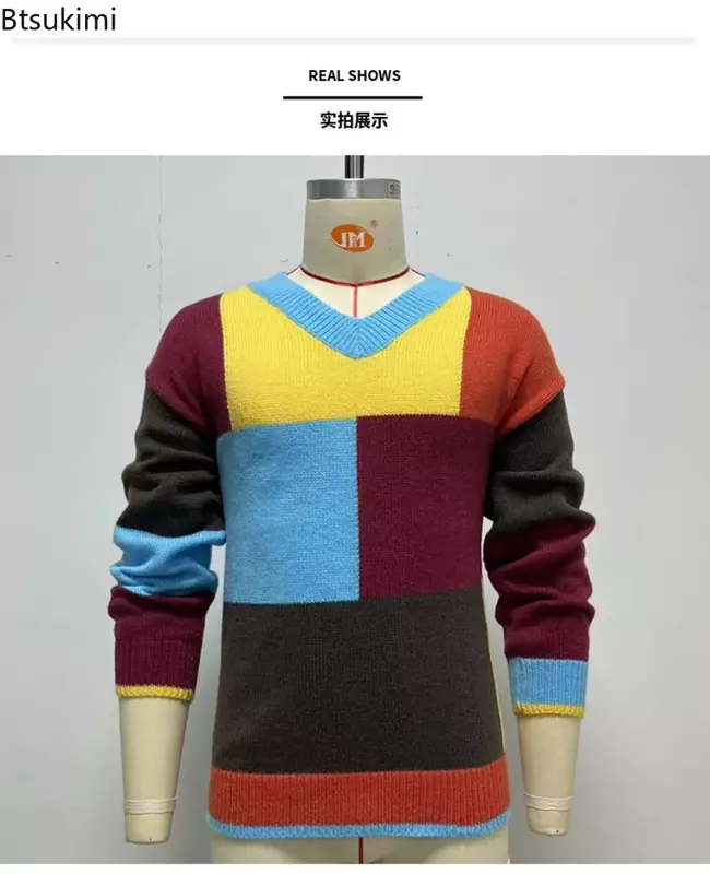 Neue 2024 Herren lässig Patchwork Farbe Strick pullover Herbst Winter Pullover männliche V-Kragen warme Pullover Party kleidung für Männer