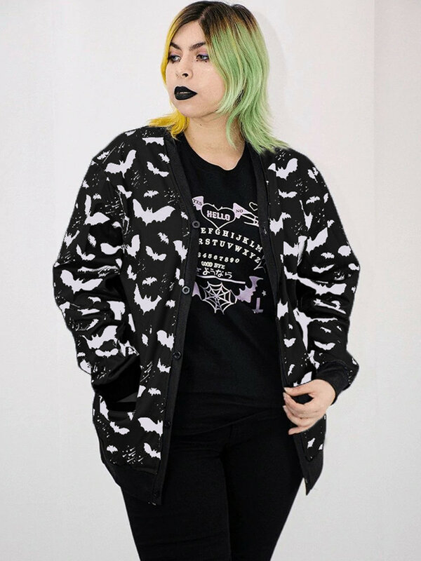 Yangelo-캐주얼 집업 탑 Y2K 파티 패션 탑 여성용, 고딕 블랙 배트 프린트 재킷 가을 2022