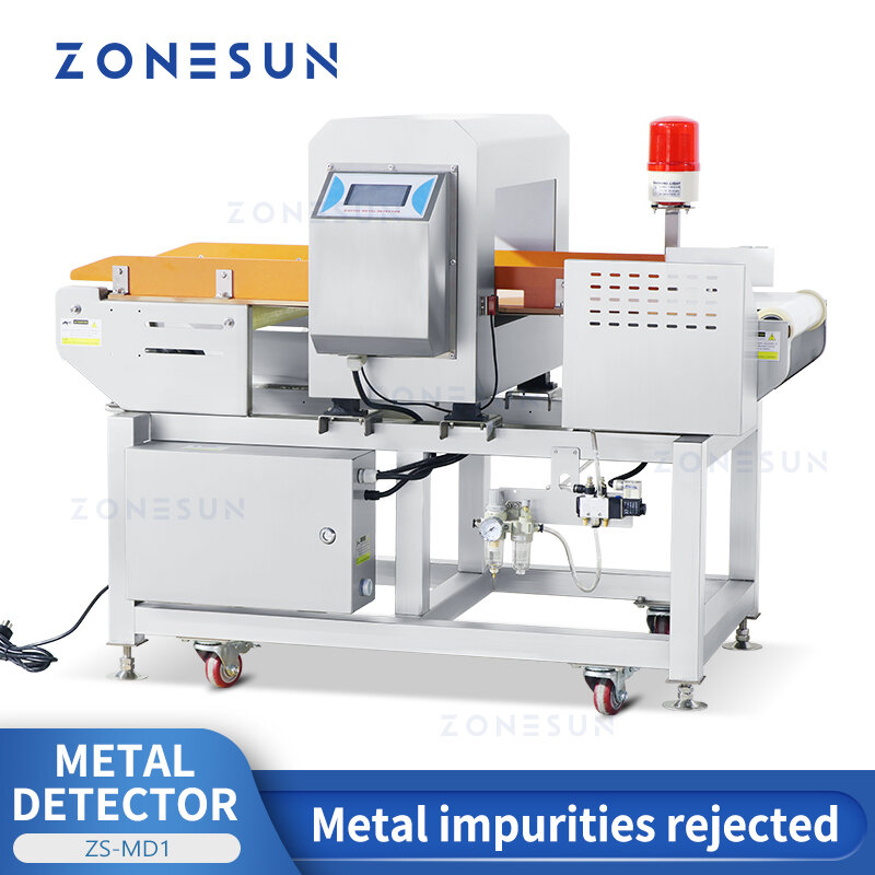 Zonesun ZS-MD1 Metalen Detector Checker Voedselveiligheid Ferreous Nonferreous Staal Onzuiverheid Afgewezen Afwijzing Bin Productie Proces