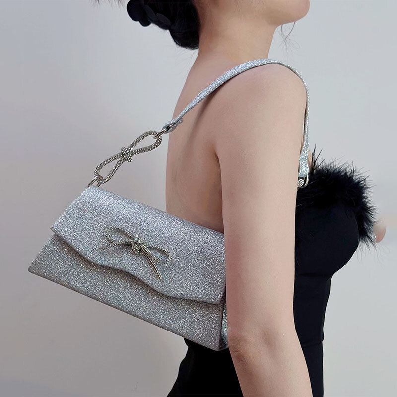 Women's Diamond Bowknot Pattern Clutch Bags Fashion Rhinestone Sequins Evening Party Messenger Handbag Lady Shoulder Chain Purse