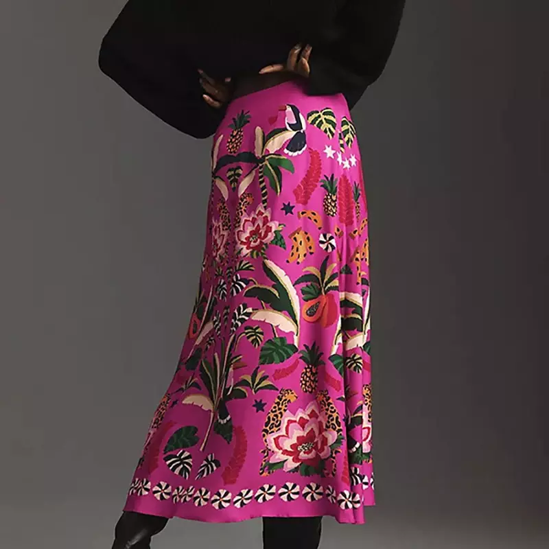 Street Tropical Plant Print Retro Skirt for Women 2024 Spring High Waist A-Line Long Skirts Summer Side Zipper Fashionable Skirt