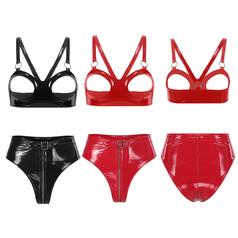 Womens Lingerie Party Club Wet Look Patent Leather Adjustable Open Cup Bra with High Cut Front Zipper Belt Briefs