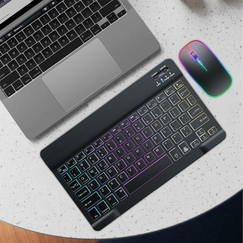 Teclado Iluminado Portátil Pequeno, Ultra-Fino, Colorido, Multi-Dispositivo, BT, PC, Tablet, Computador, 10"