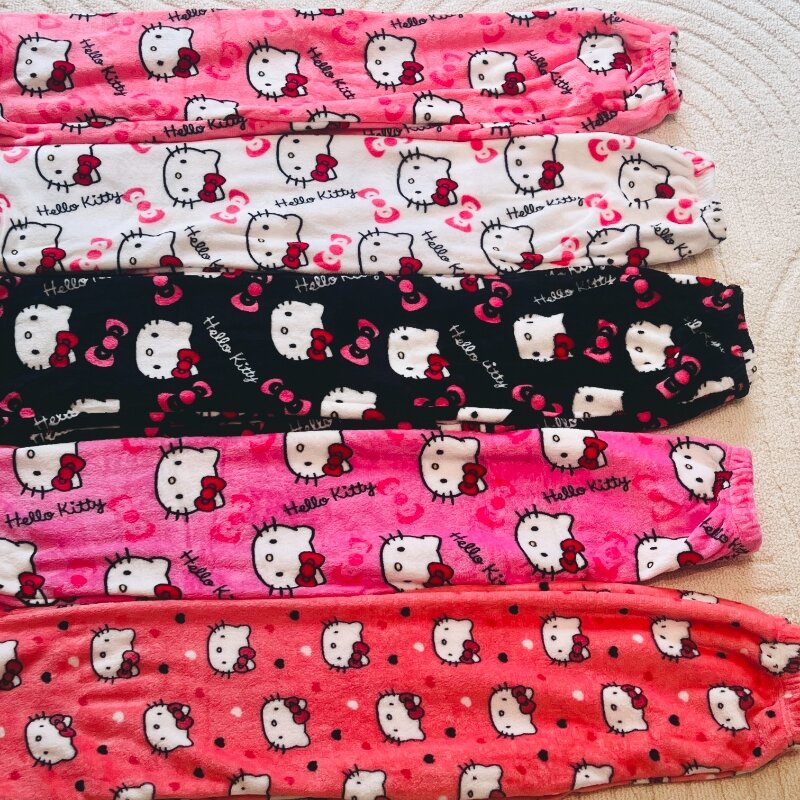 Sanrio Hello Kitty Pajamas Pants Black Pink Anime Flannel Women Warm Woolen White Cartoon Casual Home Pant Autumn Grils Trousers