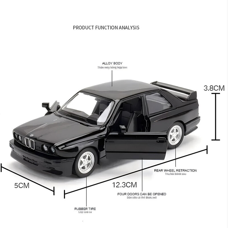 1/36 BMW M3 1987 Model mobil mainan logam paduan kendaraan mainan logam diecast indah Interior tarik belakang 2 pintu dibuka hadiah anak-anak
