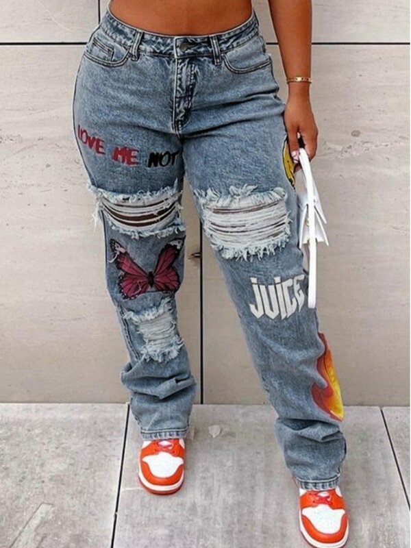 LW Plus rozmiar motyl list drukuj porwane jeansy damskie duże rozmiary Denim moda proste spodnie Streetwears spodnie (2 kolory)