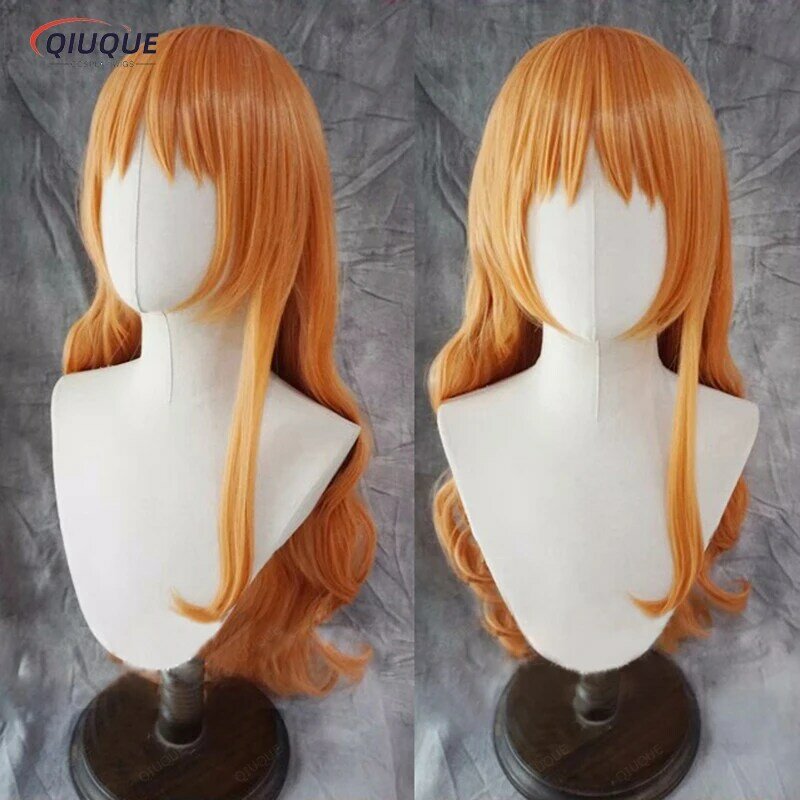 High Quality Adult Nami Cosplay Wig Women 75cm Long Curly Wavy Orange Heat Resistant Hair Anime One Piece Cosplay Wigs + Wig Cap