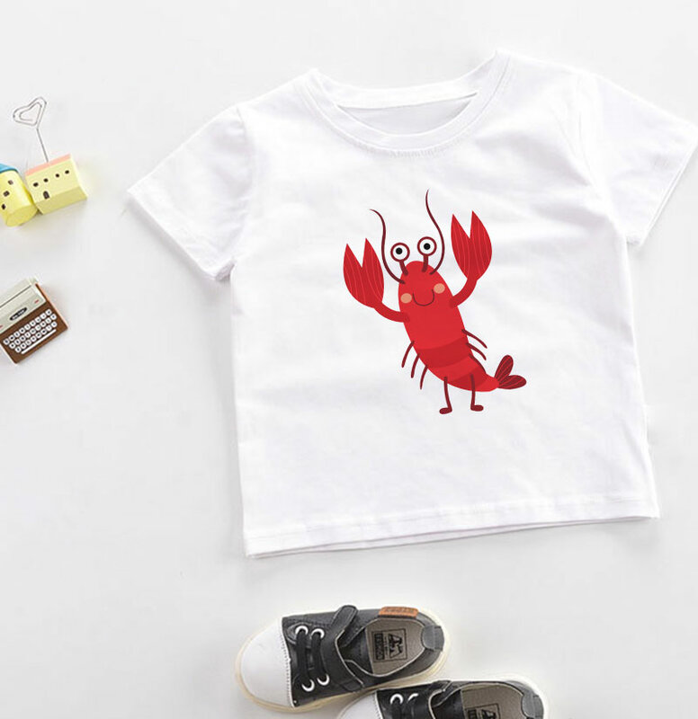 Atasan Anak Perempuan Mode Kartun 2022 T Shirt Anak Perempuan Lucu Kawaii T Shirt Anak Laki-laki Harajuku Lobster Bajak Laut Lucu Baju Anak-anak 3-13Y