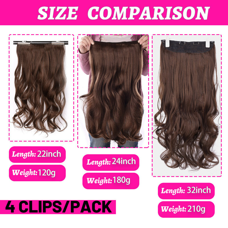 Silike 24inch Synthetic Wavy Clip in Hair Extension Clips Hair Extension Heat Resistant Fiber 4 Clips one Piece 17 Colors