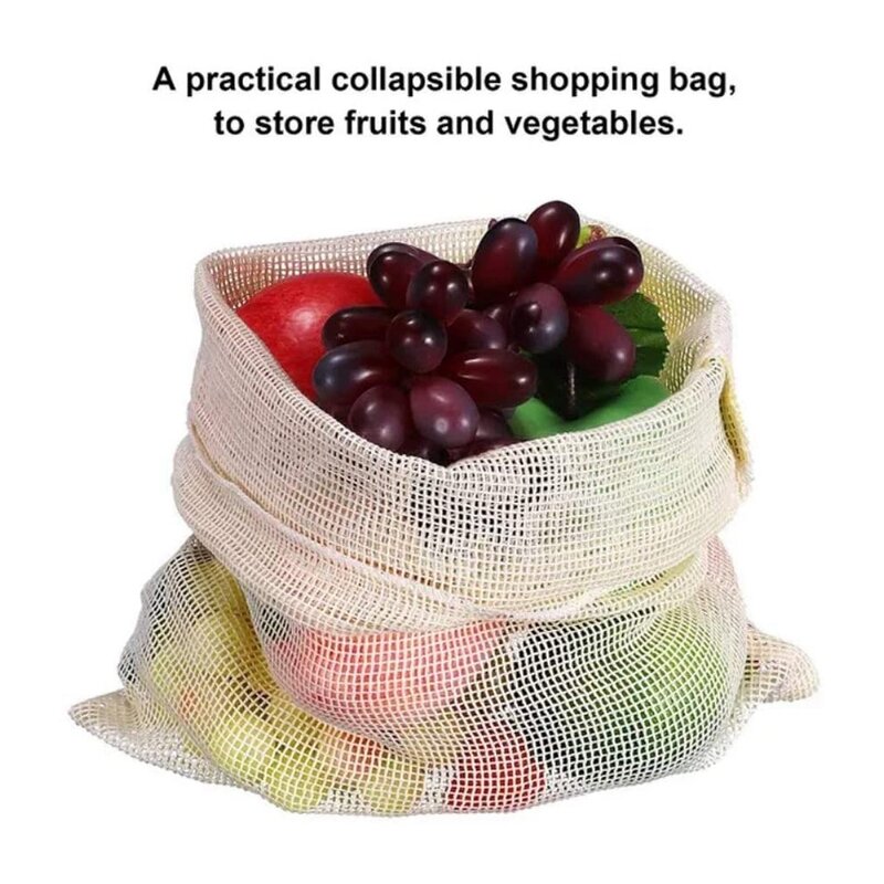 Ensemble de sacs de conservation en maille réutilisables, sacs en coton pour l'épicerie, les légumes et la fraîcheur, 9 pièces
