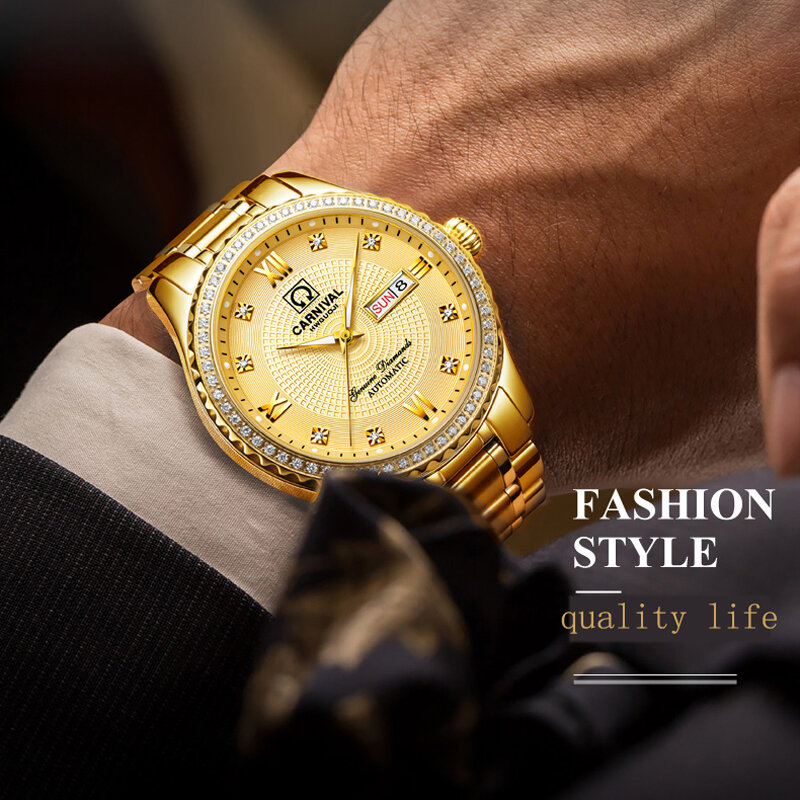 Karnawałowe luksusowe stalowo-złoty męskie zegarki biznesowe automatyczne mechaniczne zegarki męskie data świecące wodoodporne Relogio
