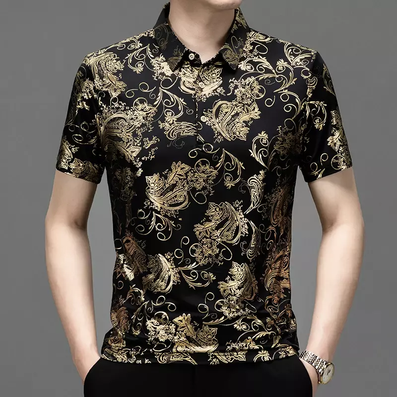 Summer Men's Short Sleeved Shirt, Ice Silk Printed Shirt, Trendy Fashion Casual Tops