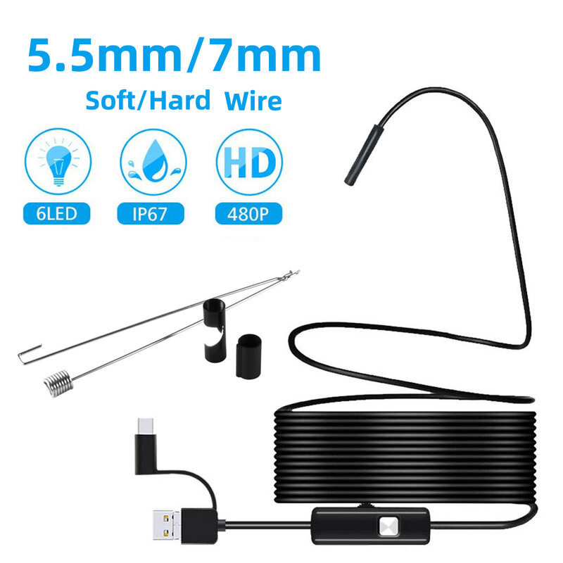 5.5mm/7mm HD 3 in 1 OTG Android Endoscope Camera Borescope IP67 Waterproof Sewer Industrial Mobile Endoscope Piping Endoscopy