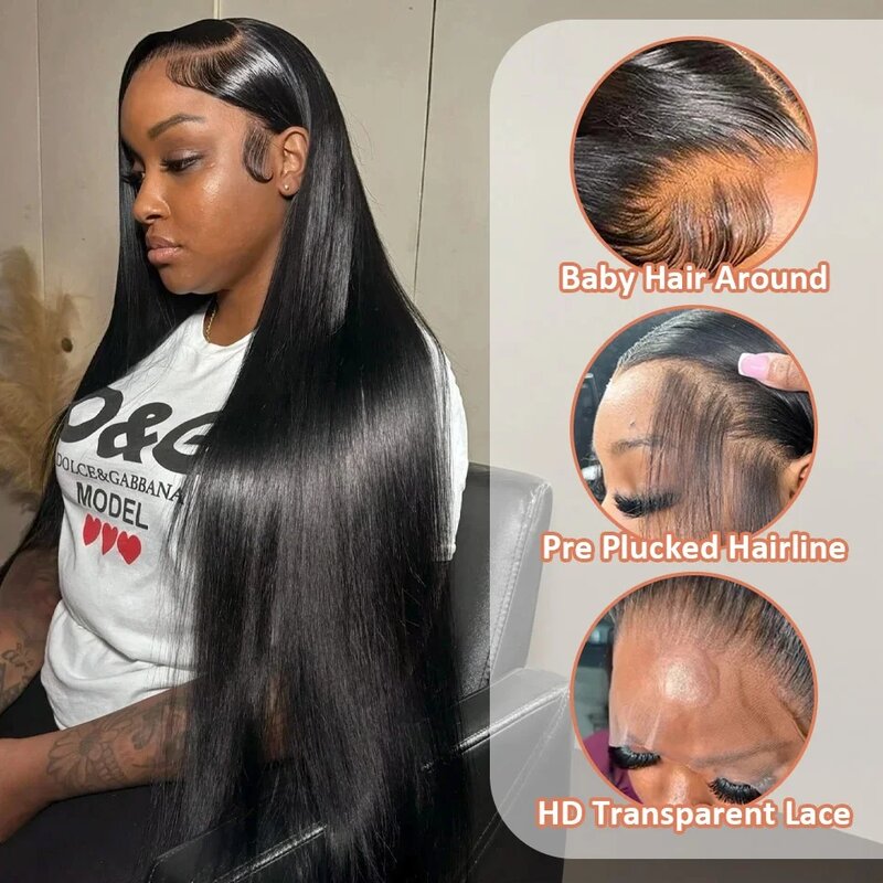 Peluca de cabello humano liso para mujeres negras, postizo de 30 pulgadas y 200 de densidad, con encaje Frontal transparente, 13x4, HD, 13x6
