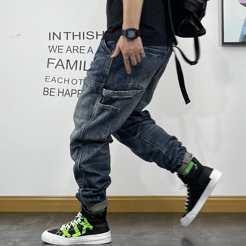 American Fashion Hip Hop Cargo Jeans Streetwear Skateboard Harem Trousers Men Clothing Japanese Harajuku Denim Casual Pants Male